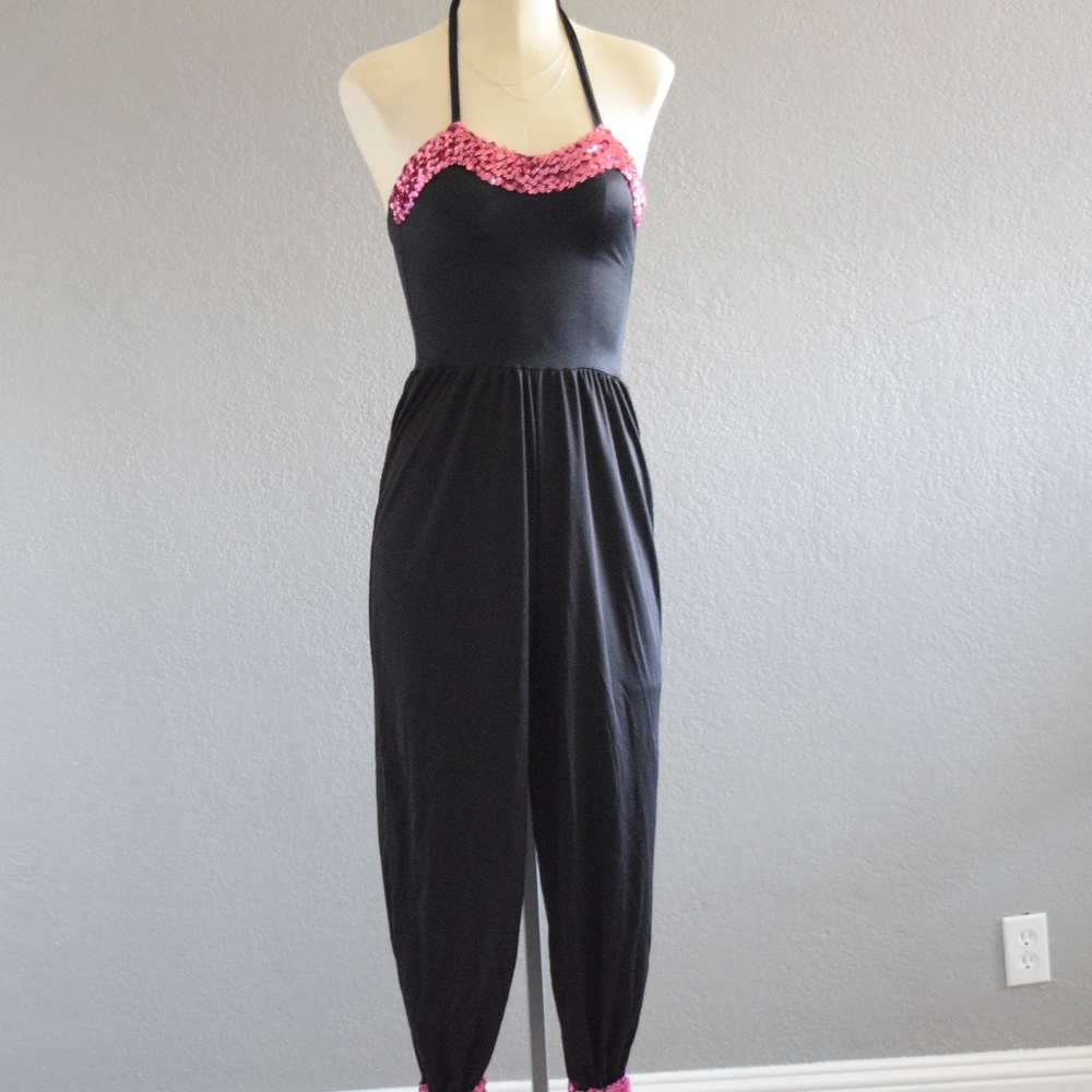 Black with Pink Sequin Trim Halter Jumpsuit